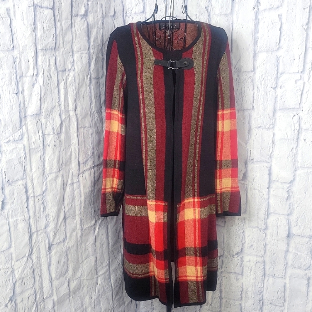 Kasper Plaid Long Cardigan Sweater Size Large‎ Red Black Tan